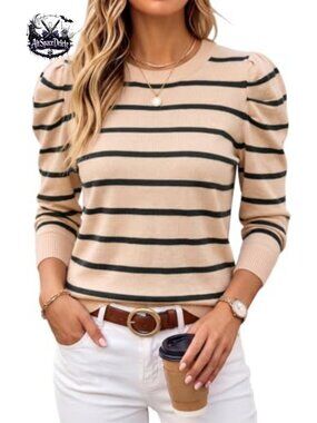 Wool Blend Puff Sleeve Crewneck Pullover Sweater